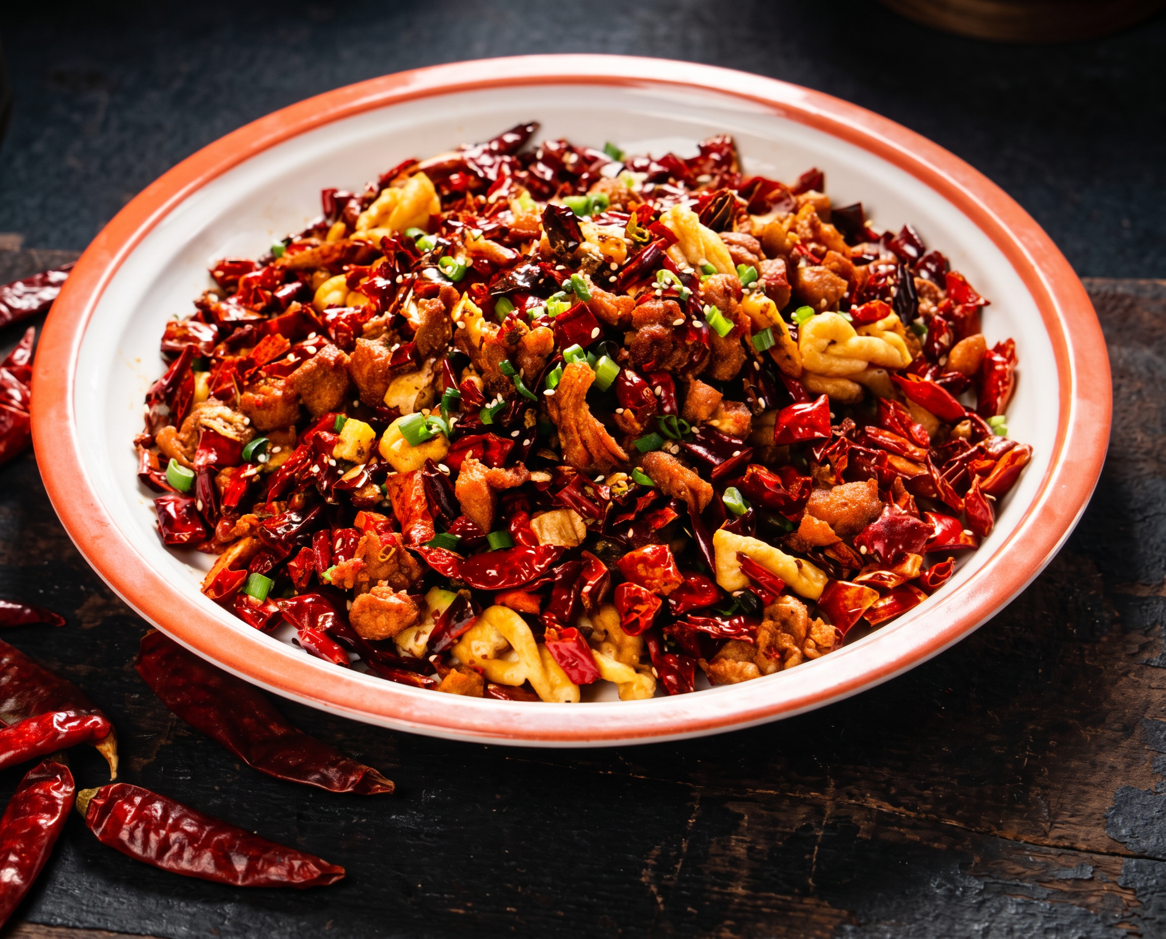Chengdu würziges Huhn 成都辣子鸡 – knusprig frittierte Hähnchenstücke mit getrockneten Sichuan-Chilis, Frühlingszwiebeln und Sesam