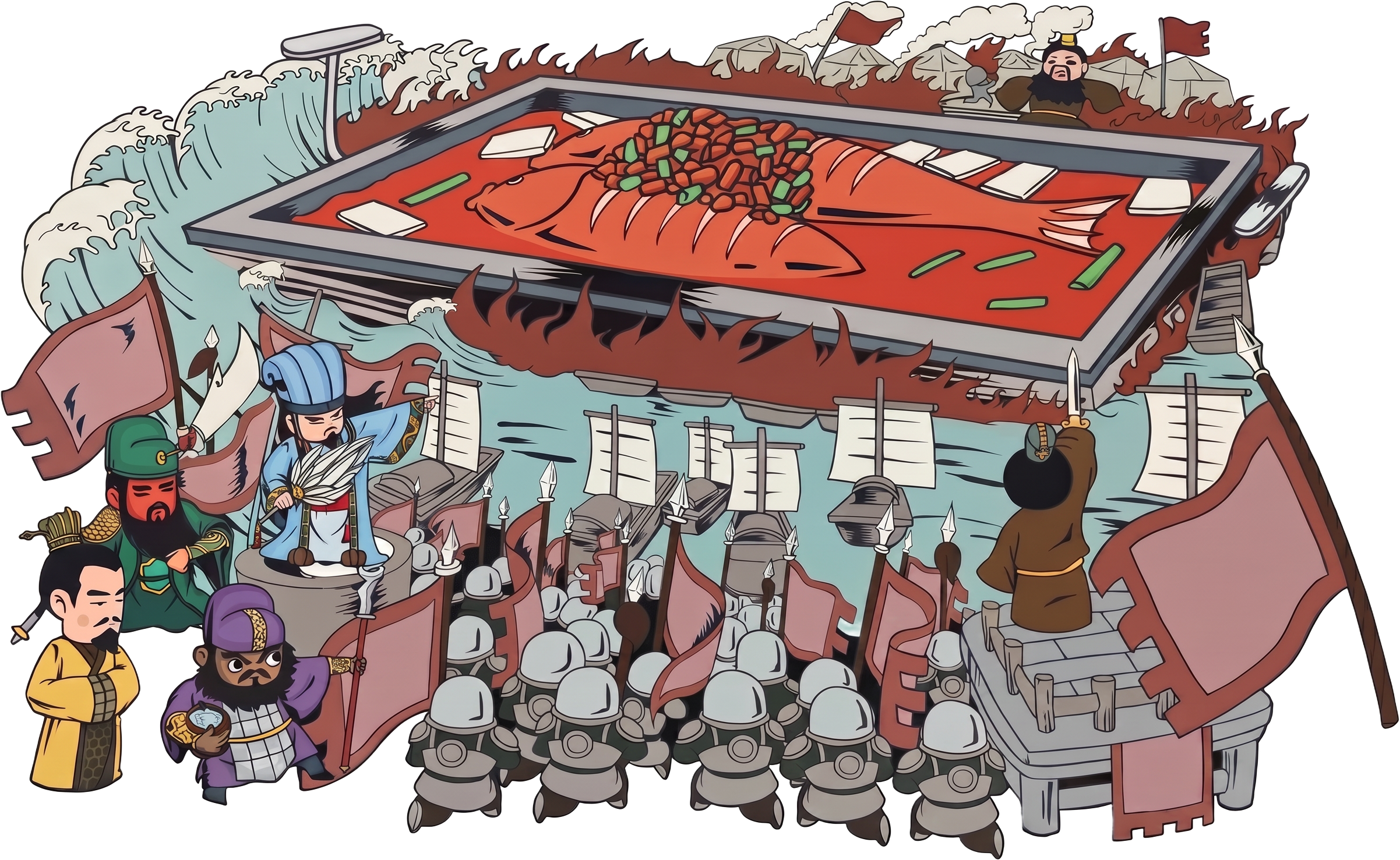Wandmalerei im 诸葛烤鱼: Zhuge Liang und Krieger mit riesigem Sichuan-Grillfisch in Flammen